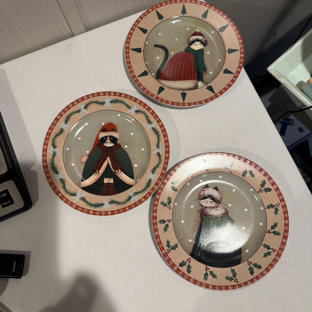 Vtg Oneida Sakura Holiday Cats Fiddlestix Christmas Salad Dessert Plates Set 3